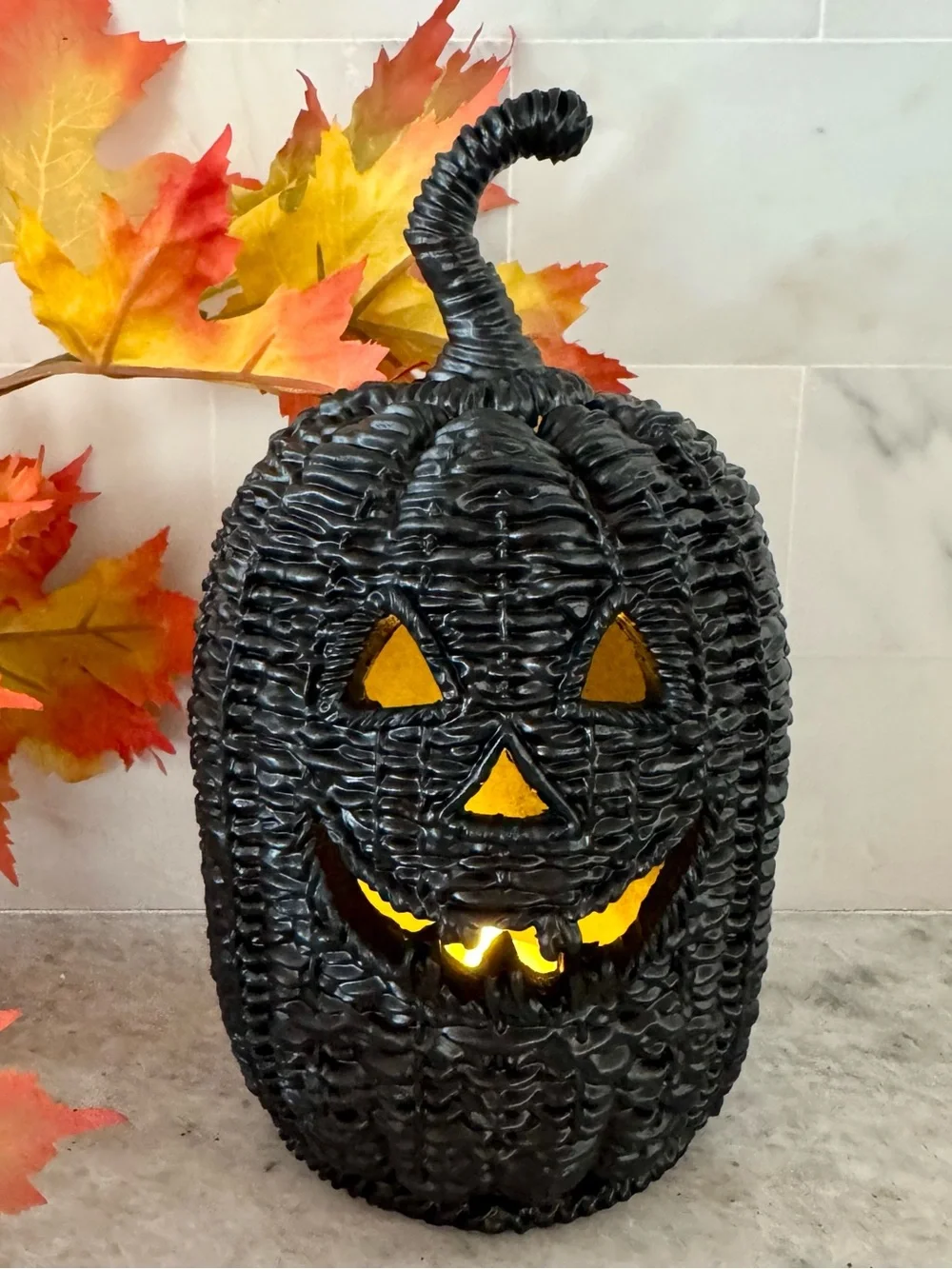 New Halloween RESIN Faux Wicker Black Jack-o'-Lantern Pumpkin w/ Tea Light - 8